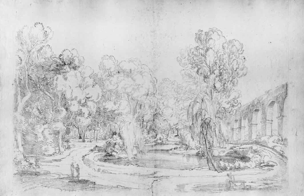 Luigi Basiletti-23-Giardino con laghetto e resti di acquedotto